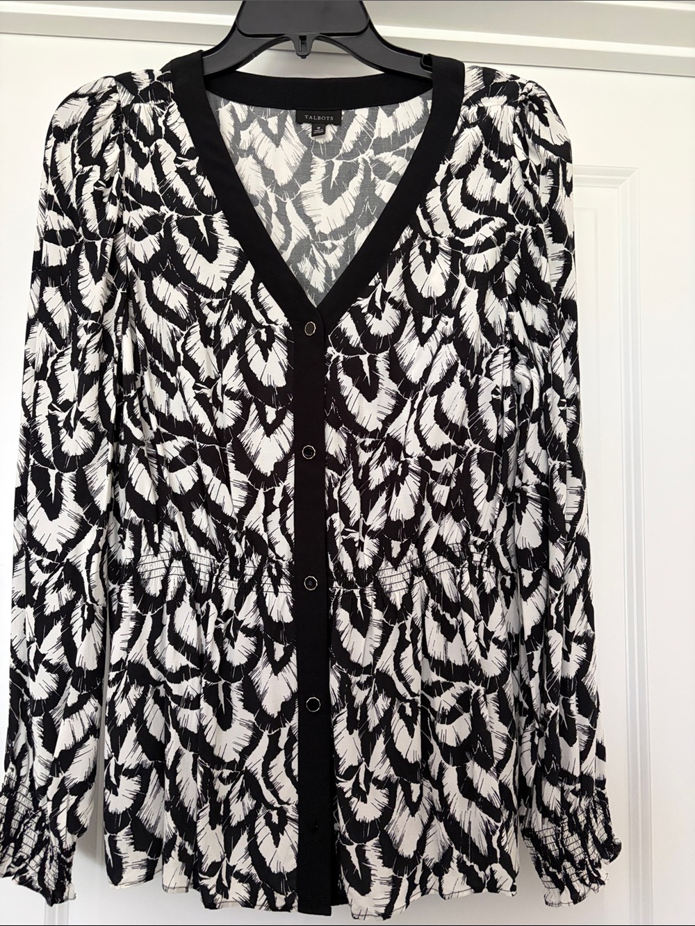 Talbots Black and White V-Neck Button Front Blouse
